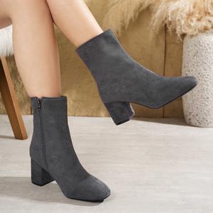 High-heeled short <b>boots</b> mid-calf length 2026 spring new style side zipper large size suede surface thick heel small square toe - Product Image 3