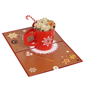 Feliz Ano Novo presente de aniversário Coffee Cup Biodegradável 3D Pop up cartão com mensagem escrita Natal decoração suprimentos