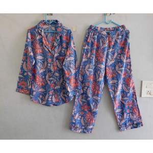 Ladies Floral Print Cotton Pajama Set Two Piece Long Sleeve Woven Top and Full Length <b>Pants</b> Comfortable Summer Nightwear - Product Image 3