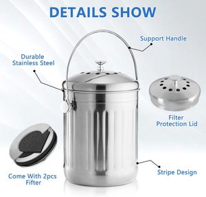 Cubo de <span class=keywords><strong>compost</strong></span> de comida de acero inoxidable de 1,3 galones, contenedor de <span class=keywords><strong>compost</strong></span> de gusano de cocina con filtros de carbón para Cocina - Product Image 2