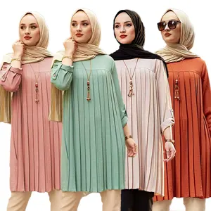 Grosir 5XL ukuran besar Dubai Abaya Muslim Wanita Atasan gaun lengan panjang kasual berlipat blus Muslim sederhana kemeja