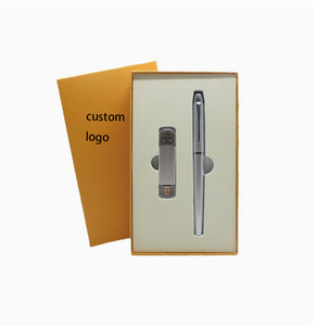 Wholesale Custom Logo Business Gift Set Metal Pen and Usb Flash Drive 32GB Memory Flash Drive Business Tradeshow Gift Set