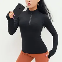 Hauts de yoga à manches longues avec fermeture éclair athlétique pour femmes en gros chemise de sport d'entraînement coupe ajustée légère sans couture avec trous pour les pouces