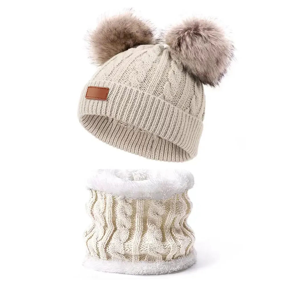 Infant Toddler Winter Hat Scarf Set Double Pom Pom Plush Knitted Ski Beanies Cap