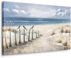 ตกแต่งผนังชายหาดขนาดใหญ่มือวาด3D ภาพวาดสีน้ำมันผ้าใบทะเลภาพศิลปะชายฝั่งทะเลสำหรับตกแต่งสำนักงาน