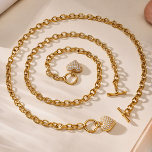 Ensemble collier et bracelet classique en acier inoxydable avec pendentif cœur en zircon - Cadeau - Product Image 2