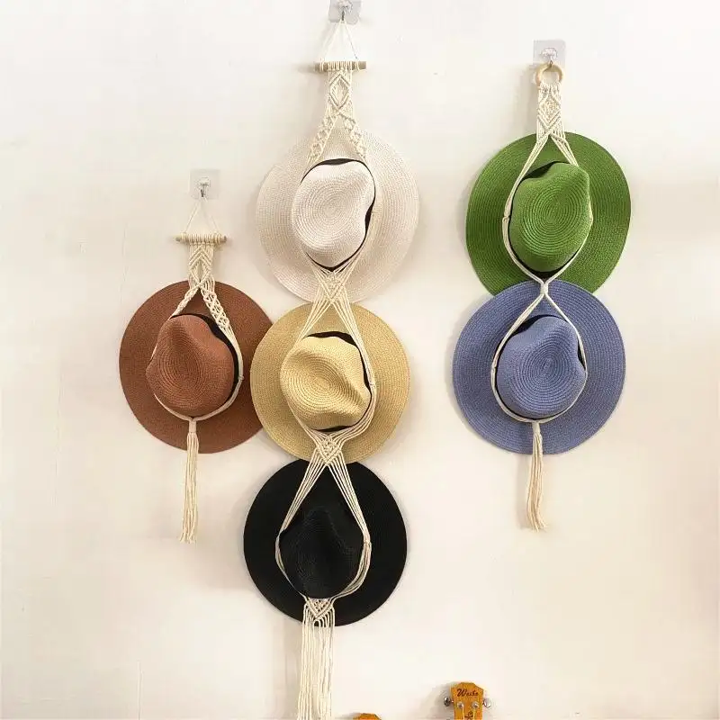 Boho home decor Macrame Hat Hanger Cowboy Hat Rack Hat Wall Display for Farmhouse Decor Single, Double, Triple Hat Organizer