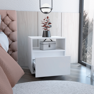 DB Austin Modern Single Drawer <b>Nightstand</b> <b>White</b> Panel Wood Style Bedroom Furniture with Casters for Home Use for Apartments - Product Image 4