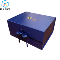 Boîte cadeau pliable bleu marine personnalisée avec ruban et fermeture magnétique, boîte cadeau rigide pliable, emballage plat et imprimable