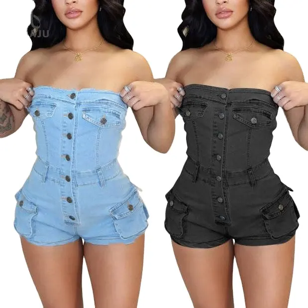 Combinaison d'été en jean pour femmes, épaules dénudées, barboteuses décontractées en denim élastique, shorts pour femmes