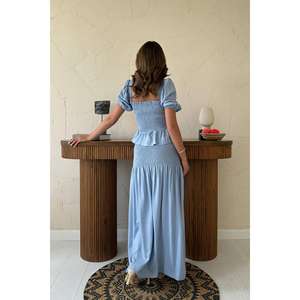 Ensemble de vêtements en lin bleu Gipeli pour femmes, manches courtes, style Prairie Chic, respirant, ensemble de robe deux pièces tendance - Product Image 1