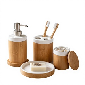 Accessoires de salle de bain en bambou, ensemble de 4 pièces avec distributeur de savon, porte-brosse à dents, porte-savon, porte-cotons-tiges - Product Image 1