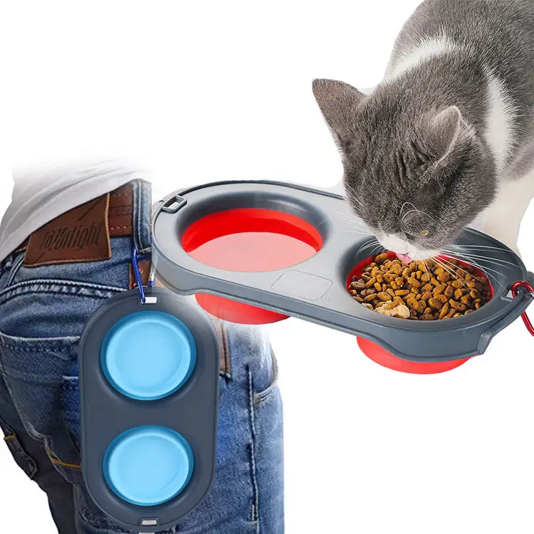 New Cheaper Price travel Anti Slip Pets Dog Feeder Bowl Camping Foldable 2 in 1 Double Bowl Water Silicone Pet Food Bowl