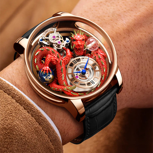 นาฬิกาข้อมือจักรกลผู้ชาย <span class=keywords><strong>Jacob</strong></span> Luxury ดีไซน์ลายมังกรโปร่งใส ระบบอัตโนมัติ กลไกจักรกลมังกรจีน สายหนัง - Product Image 1