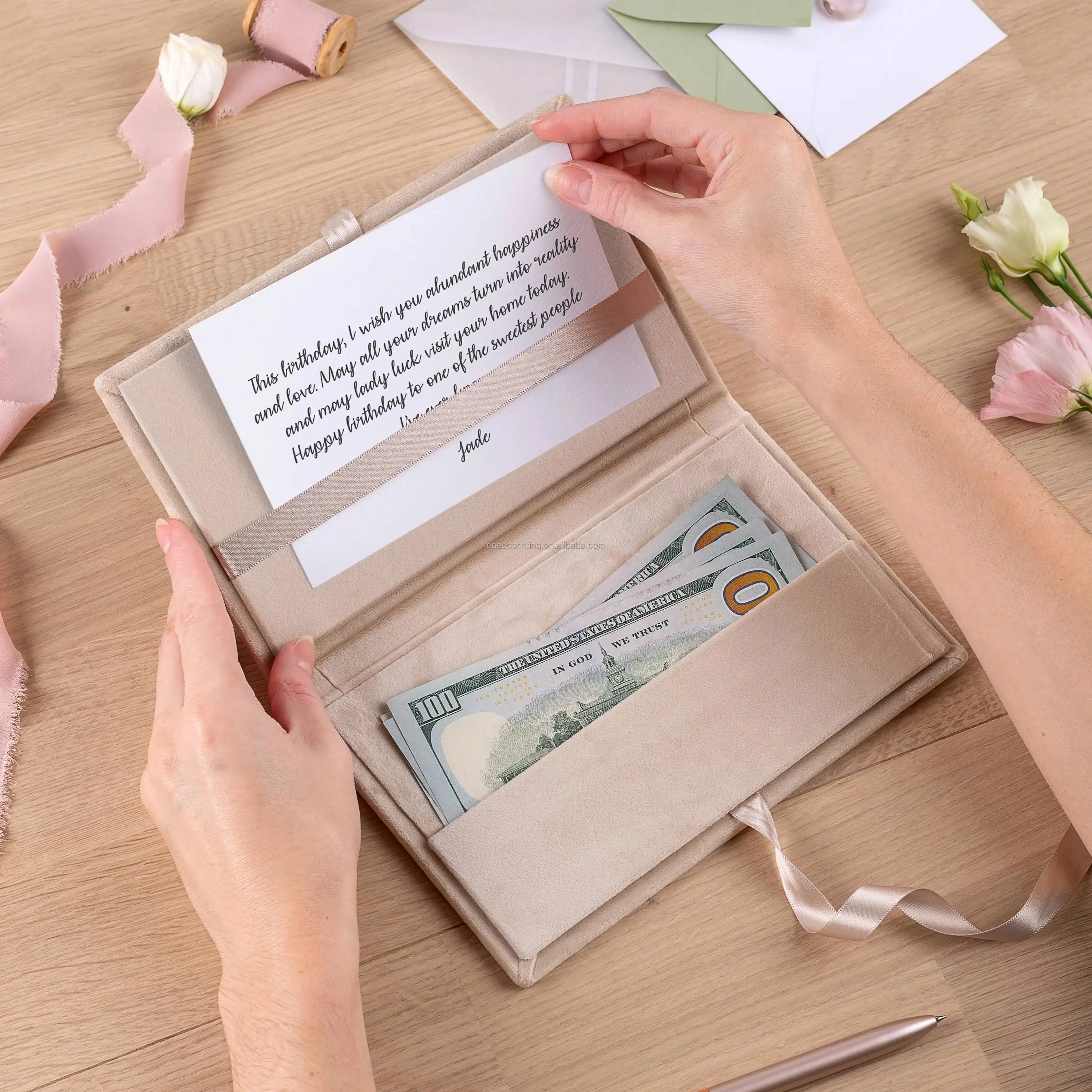 Custom Size Logo Wedding Velvet Cover Paperborad Cash Money Gift Envelope with Satin ribbon