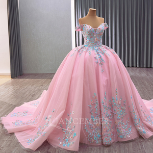 Robe de soirée d'été rose à épaules dénudées avec broderie de sequins et fleurs, style bouffant en organza, pour fêtes, Rsm241084E - Product Image 1