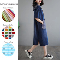 Été Loose Casual Patchwork Poches Drawstring Hooded Dresses Half Short Sleeve Midi Women's Cargo Clothing Dress Cotton Denim