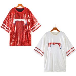 Top informal de béisbol con lentejuelas para <span class=keywords><strong>mujer</strong></span>, Jersey corto y largo, barcos rápidos para tejanos - Product Image 4