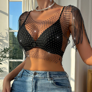Factory Wholesale Women Fishnet Rhinestone Crop <strong>Top</strong> Sexy Mesh High Elastic Shirt <strong>Net</strong> See Through Rave <strong>Top</strong> - Product Image 3