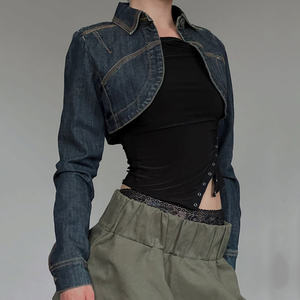 Chaqueta de mezclilla para mujer CroppedmBlue manga larga cuello de solapa abrigo de mezclilla nueva chaqueta de moda para mujer - Product Image 1