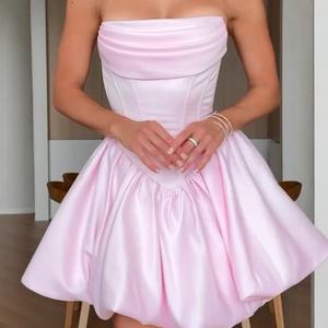 Abito Corto Elegante da Sera per Donne, Corsetto con Lacci sulla Schiena, Rosa, Senza Spalline, in Raso con Arricciature - Product Image 3