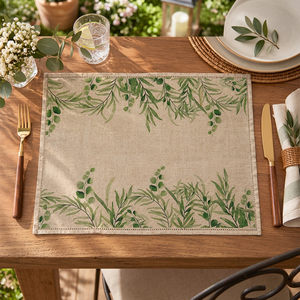 Set de table en lin de qualité supérieure avec imprimé de feuilles botaniques vertes |   Tapis de table décoratif rustique naturel - Product Image 4