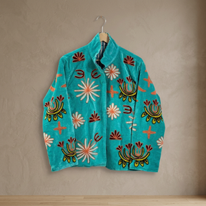 Unique Design Hand Embroidered Floral Pattern Full Sleeve Autumn <b>Women's</b> Coat Turquoise <b>Velvet</b> Mandarin Collar <b>Jacket</b> - Product Image 4