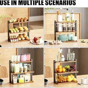 Wooden And Wrought Iron 3 Tier Storage Rack For <b>Kitchen</b> Countertop Condiment Organizer With Lid Airtight Multipurpose - Product Image 3