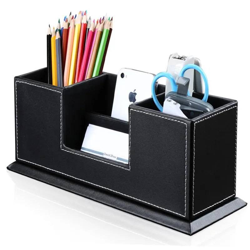 Christmas Gifts Double Holder Leather Multi-Function Desk Stationery Organizer Pen Pencil Holder Black