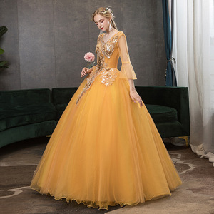 Evening Gown Ball Gown V Neck Chiffon Floral Print Empire Waist Long Sleeve Golden Yellow Women's Dress - Product Image 3