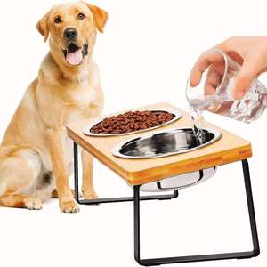 Comedero moderno pequeño para perros y gatos, superventas, alimentador transfronterizo para mascotas hecho de bambú y acero inoxidable - Product Image 1