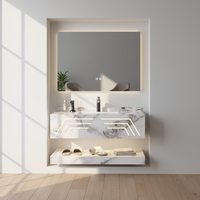 Meuble de salle de bain mural moderne double couche en ardoise, résistant à l'eau, avec miroir LED et vasque en céramique intégrée