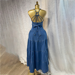 Robe décontractée en jean pour femme, nouvelle collection été 2026, col en V, sexy, sans manches, boutonnée, vente en gros - Product Image 4