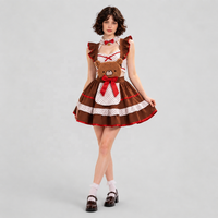 Costume de cosplay de demoiselle d'honneur Ours Brun pour femme, robe sans manches à volants, tablier à nœud rouge, tenue de fête d'Halloween pour jeu de rôle Anime