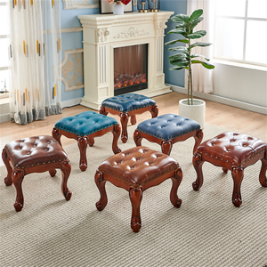 Repose-pieds de style villa traditionnel avec pieds en bois massif, tabouret rembourré en cuir véritable, antique, pour chambre d'enfant, salon, divers modèles - Product Image 1