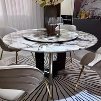 Table à manger ronde en marbre avec pieds en acier carbone et plateau tournant intégré pour hôtel, villa, maison et restaurant, usage quotidien