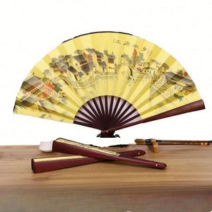 Éventail artisanal en bambou vert pour homme, 10 pouces, en tissu de soie acajou, peint à la main, thème floral, écologique, pour le Nouvel An chinois - Product Image 4