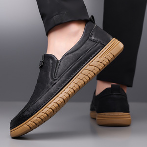 Mocassins en cuir pour hommes, bout rond, à enfiler, semelle en caoutchouc respirante, chaussures décontractées toutes saisons - Product Image 3