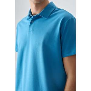 T-shirt basique pour homme en coton bleu pétrole, col polo, coupe ample, épais et doux, texturé - 88381 - Bleu pétrole - Product Image 2