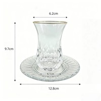 Lot de 12 tasses à thé turques en verre avec soucoupes, transparentes, gravées, bord doré, verrerie à thé pour hôtels et restaurants