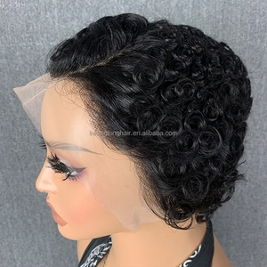 Perruque <span class=keywords><strong>courte</strong></span> bouclée afro crépue de 6 pouces, <span class=keywords><strong>coupe</strong></span> pixie, en cheveux brésiliens vierges noirs, avec partie frontale en dentelle transparente 13*4, sans colle, pour femmes - Product Image 1