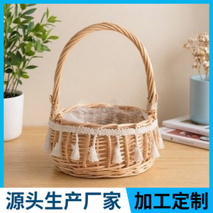 Hand Woven Rattan Flower <b>Basket</b> Round Storage <b>Basket</b> With Pearl Handle For Wedding Decoration - Product Image 5