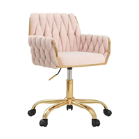 Chaise de bureau/vanité/bureau moderne en velours, réglable en hauteur, pivotante à 360°, avec accoudoirs, dossier tissé à la main, base dorée