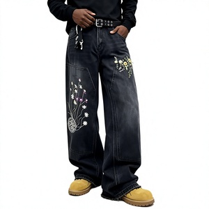 Jean baggy personnalisé pour homme, broderie florale, denim noir délavé, pantalon streetwear hip-hop, coupe large - Product Image 4