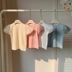 2024 Summer New Kids Girl T-shirt Comfort Soft Cotton Solid Color Puff Sleeve Girl T-shirt For Kids