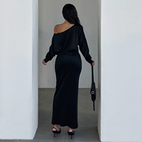 Robe longue asymétrique noire pour femme, à épaules dénudées, manches longues, taille naturelle, coupe ample, confortable, respirante et écologique