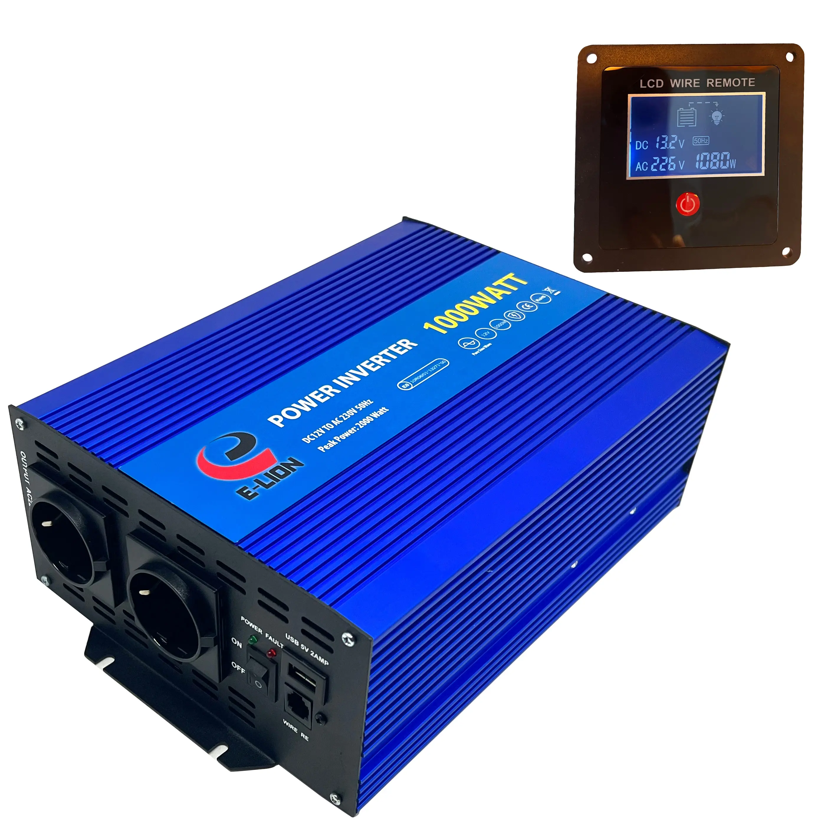 E-LION DC12VまたはDC24V入力からAC230V50Hz出力、USBおよびLCDリモートディスプレイ付き1000W純粋な正弦波インバーター