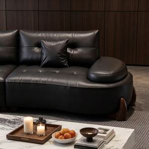 Premium Black Tufted Leather Curved <b>Sofa</b> With Walnut Wood Base For Living Room - Product Image 4
