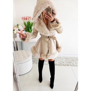 Parka Wanita Kulit Imitasi Dengan Kerah Bulu Imitasi Lengan Panjang Dengan Saku Mantel Musim Dingin Hangat Dengan Sabuk - Product Image 1
