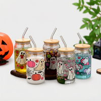 Gobelet en verre personnalisé avec logo, 400 ml, pour Halloween, avec couvercle en bambou et paille, pour café, lait, cola